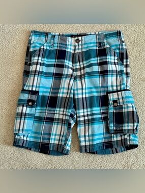 Y2K 90s Style Guess Blue Plaid Long Cargo Shorts Preppy Skater Size 34